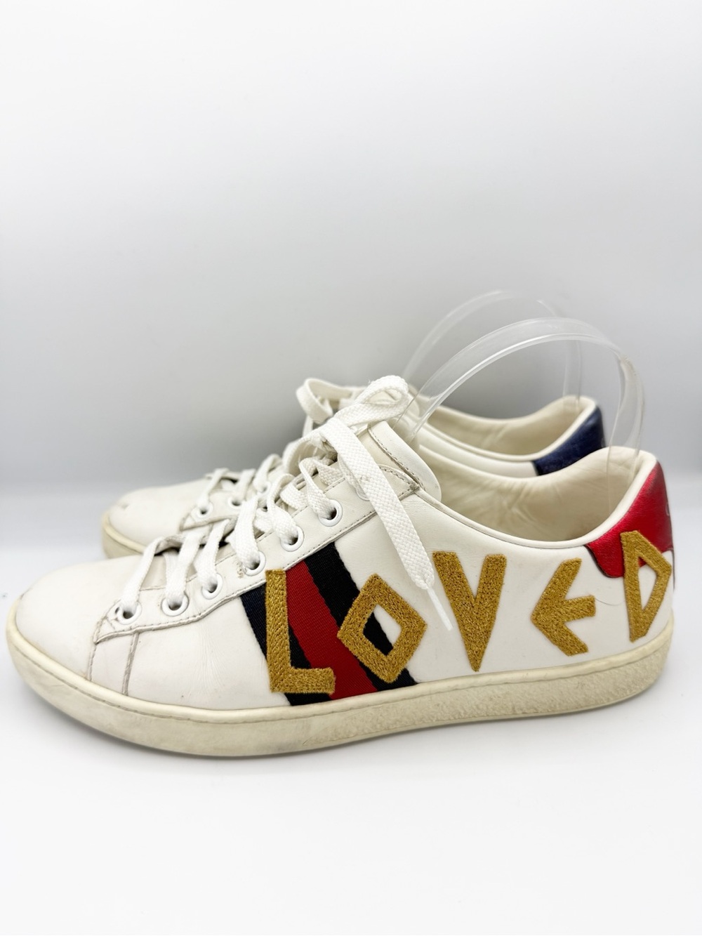 Gucci Ace Loved Sneakers EU 38 White Leather Gold Embroidered Web Italy